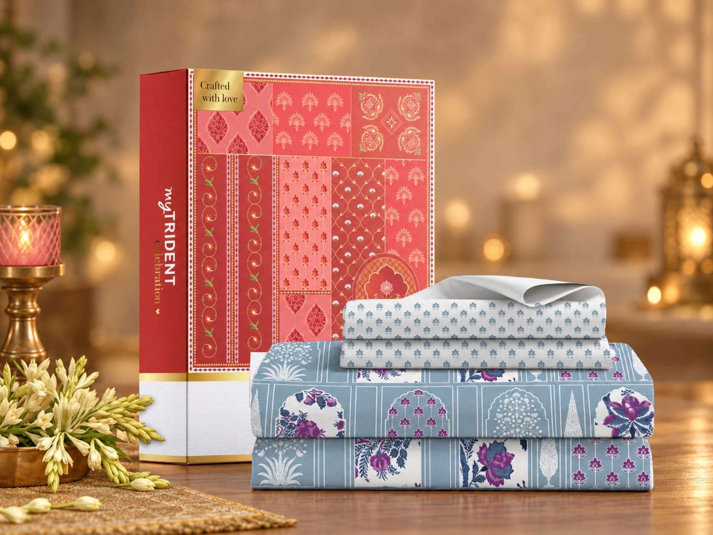 MYTRIDENT Blue & White Floral 144 TC Cotton Queen Bedsheet Set